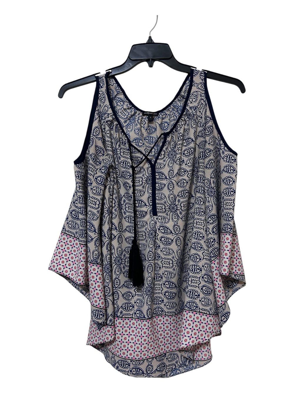 MMMMMM Medium Cold Shoulder Bell Sleeve Boho Paisley Blouse Tassel Tie Front